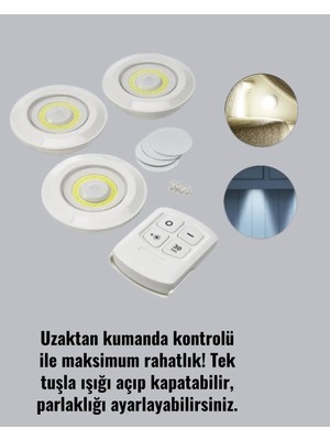 Renas Store Uzaktan Kumanda Ile Kontrol Edilebilen Yapışkanlı 3 Lü Kablosuz LED Spot Lamba