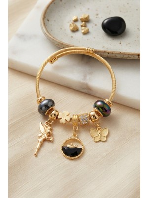 Inure Jewelry Balık ve Tinker Bell Model Siyah Charmlı Bileklik
