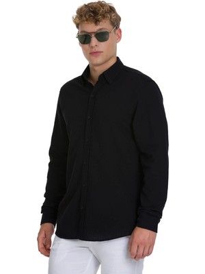 Hatemoğlu Siyah Comfort Fit Çizgili Düğmeli Yaka 100% Pamuk Uzun Kollu Casual Gömlek