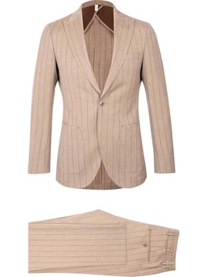 Hatemoğlu Kahverengi Slim Fit Çizgili Sivri Yaka Keten Casual Takım Elbise