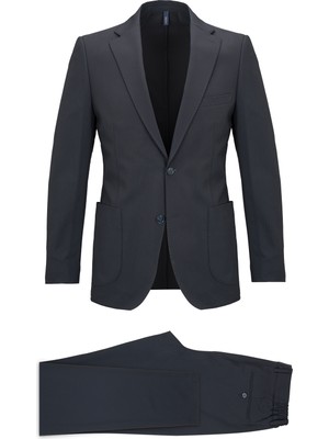 Hatemoğlu Lacivert Slim Fit Çizgili Mono Yaka Takım Elbise