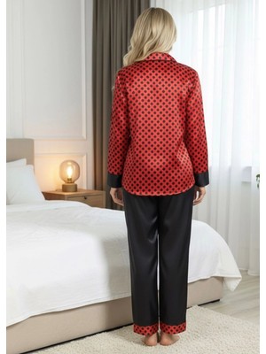 Carlburn #pijamatakımı Lüks Esnek Kaliteli Rahat Zarif Bayan Siyah-Kırmızı Saten Pijama Takımı