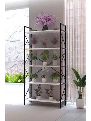 Awox Manolya 5 Raflı Metal Çiçeklik 180X90 cm Dekoratif Bitki Standı Çok Amaçlı Kitaplık Salon Balkon Ofis Raf Ünitesi