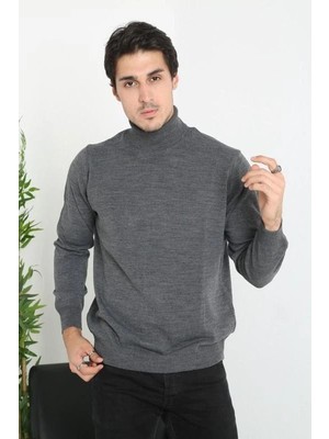 Velmora Fashion Erkek Tam Boğazlı Balıkçı Yaka Kazak Uzun Kol Düz Dokuma Triko - Füme