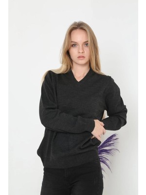 Velmora Fashion Kadın V Yaka Kazak Uzun Kol Düz Dokuma Triko - Füme
