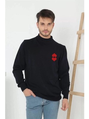 Velmora Fashion Erkek Yarım Bağazlı Kazak Baskılı Dokuma Triko - Lacivert