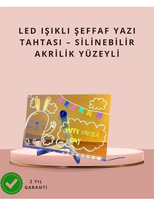 Twin Store LED Işıklı Şeffaf Yazı Tahtası – Neon Etkili Akrilik Pano, Silinebilir, 7 Renkli Kalemli, 30X20 cm