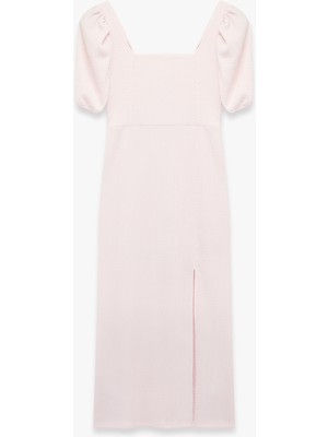 Koton Kare Yaka Sırtı Bağcıklı Slim Fit Kısa Balon Kol Yırtmaçlı Midi Bodycon Elbise