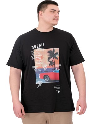 ModeXL Mode Xl Büyük Beden Erkek Baskılı T-Shirt Palm Dream U25026 Siyah