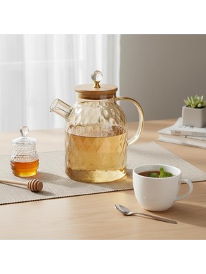 EstoreBox Deconox 1600 ml Kristal Desenli Isıya Dayanıklı Cam Demlik - Ahşap Kapaklı, Gold Detaylı Büyük Boy