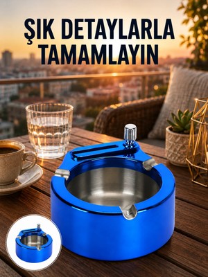 Palmira Demir Yuvarlak Metal Küllük Çakmak Entegreli Dayanıklı Yapı Yeni Nesil