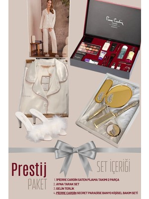 Pierre Cardin Prestij Paket Lüks Gelin Çeyiz Seti - Saten Pijama Takımı, Kozmetik Seti, Ayna Tarak Seti ve Tüylü Terlik
