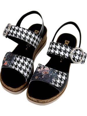 Dogo Kadın Vegan Deri Siyah Kalın Taban Sandalet - Black Majestic Garden Tasarım