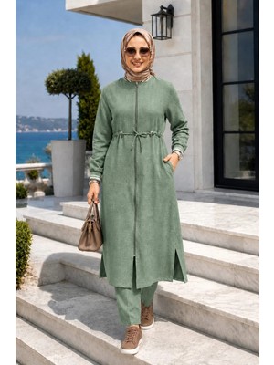 Harma Time Butik Kadın Ribanalı Fermuarlı   Keten Tunik Pantolon Yeşil Ikili Takım