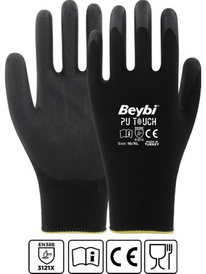 Beybi 7 Beden 12LI Paket  Poliüretan Kaplı Pu Touch Siyah Montaj Eldiven  EN388 (3121X) (Kdo)