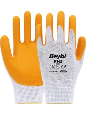 Beybi Pn3 Beyaz Sarı 10 Beden Polyester Örme Nitril Eldiven 12LI Paket EN388 (2121X) (Kdo)