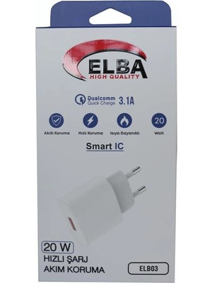 Elba ELB03-20USB Beyaz 20W USB Şarj Kafa Qc4.0(Akıllı Koruma-Hızlı Şarj-Isıya Dayanıklı) (Kdo)