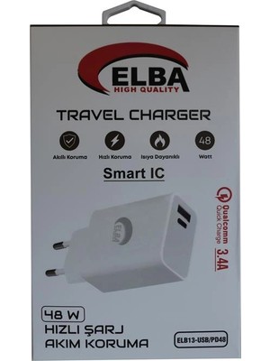 Elba ELB13 ELB-48W 3.4A USB-PD48 (Usb+Type-C) Akıllı Koruma- Isıya Dayanklı Hızlı Şarj Ev Şarj Kafa (Kdo)