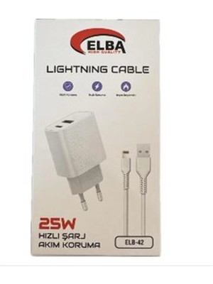 Elba ELB42 Beyaz 25W Şarj Kafa+ Iphone Kablo Usb-C Pd3.0-Qc4.0(Akım Koruma-Hızlı Şarj-) (Kdo)