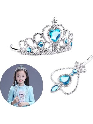 Uravas Store Karlar Ülkesi Elsa Mavi Kalpli Taç ve Mavi Asa Seti Çocuk Boy