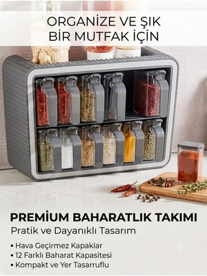 12 Li Standlı Kendinden Yapışkanlı Kapaklı Kaşıklı Baharatlık Takımı - Kulplu Baharatlık --Gri