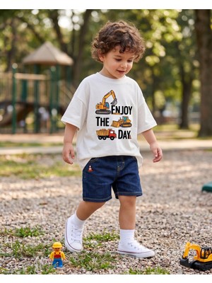 Babytex Enjoy The Day Iş Makinesi Baskılı Çocuk Oversize Tişört – Unisex