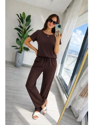 Veraura Lifestyle Kadın Kısa Kollu Bisiklet Yakalı Viskon Iki Iplik Bluz ve Pantolon Ikili Takım