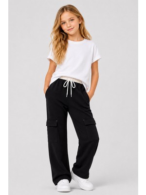 Tommy Life Siyah Çift Kemerli Kargo Cepli Palazzo Kız Çocuk Eşofman Alt - 75198