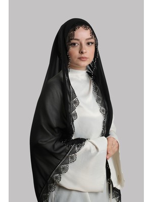 Hürrem Bone Siyah Nikah Namaz Başörtüsü Şal Şifon Boncuklu Güpürlü 202131_01