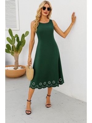Livizmir Moda Kadın Kolsuz Etek Ucu Lazer Kesim Çiçek Desenli Midi Boy Ithal Krep Elbise