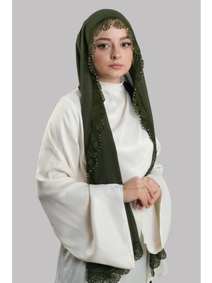Hürrem Bone Haki Nikah Namaz Başörtüsü Şal Şifon Boncuklu Güpürlü 202131_09