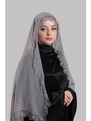 Hürrem Bone Gri Nikah Namaz Başörtüsü Şal Şifon Boncuklu Güpürlü 202131_15