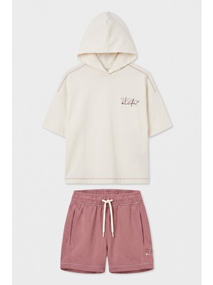 Tommy Life Ekru-Gül Kurusu Kapüşonlu Dikiş Detaylı Kız Çocuk Şort Takım - 75185