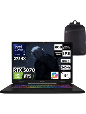MSI Msı Crosshaır 16HX Aı Ultra 9-275HX 40-Gbddr5 4 Tbssd RTX5070 (8GB-115W-GDDR7) 16" 2k Qhd+ 240Hz Windows 11 Pro + Qb Sırt Çantası D2XWGKG-047XTRQB24
