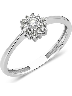 Fasek Gold Gümüş Yüzük - Beyaz (Rodyumlu) Gümüş Yüzük-0.45 Ct Swarovski Taşlı Gül Evlilik Teklifi Gümüş Yüzük