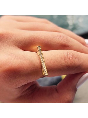Fasek Gold Gümüş Yüzük - Signity Zirkon Taşlı Düz Çizgi Modern Dizayn 925 Ayar Gümüş Yüzük