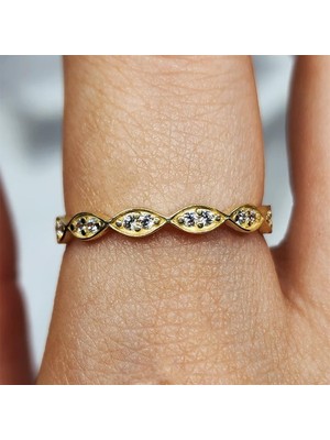 Fasek Gold Gümüş Yüzük - Göz Sıralı Swarovski (Zirkon) Taşlı Minimal Modern Tasarım 925 Ayar Alynas Gümüş Yüzük