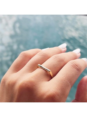 Fasek Gold Gümüş Yüzük - Love Kalın Çizgi Taşsız Modern Tasarım 925 Ayar Gümüş Eklem Yüzük