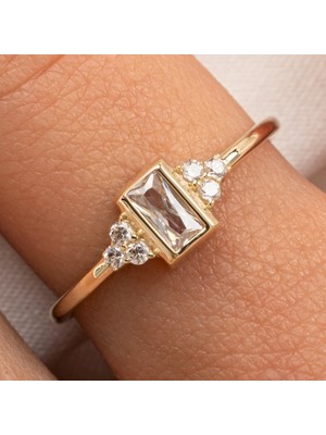 Fasek Gold Gümüş Yüzük - Swarovski Baget Taşlı Eşsiz Modern Tasarım 925 Ayar Gümüş Kadın Yüzük-Günlük Hediyelik