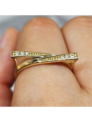Fasek Gold Gümüş Yüzük - Fantezi Signity Swaroski (Zirkon) Gündelik Gösterişli Tasarım 925 Ayar Gümüş Yüzük