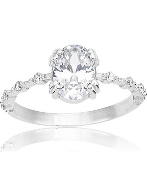 Fasek Gold 1,10 Ct Oval 0,12 Ct Pırlanta(Signity)Taşlı Kadın Ihtişamı 925 Gümüş  Ayar Evlilik Teklifi Yüzüğü