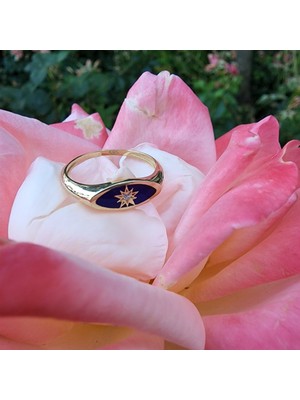 Fasek Gold Ala Safir Mineli Kutup Yıldızlı Oval Mühür Minimal Tasarım Estetik Modern 925 Ayar Gümüş Yüzük