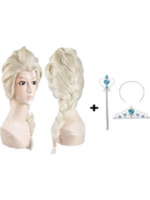 Uravas Store Örgülü Karlar Ülkesi Frozen Elsa Peruğu Tacı ve Sopası Çocuk Boy