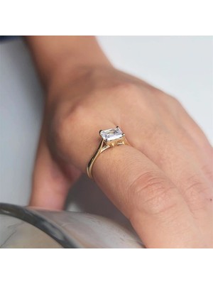 Fasek Gold Gümüş Yüzük - 1.10 Ct Pırlanta Swarovski Taşlı Octagon Tektaş 925 Ayar Gümüş Evlilik Teklifi Yüzüğü