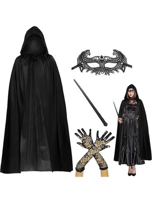 Uravas Store 120 cm Kapüşonlu Siyah Pelerin + Asa + Dantel Maske + Uzun Dantel Siyah Eldiven Kostüm Seti