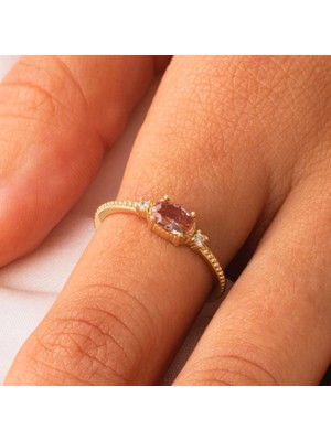 Fasek Gold Gümüş Yüzük - Zultanit Taşı Oval Kesim Yan Zirkon Taşlı Modern 925 Ayar Gümüş Kadın Tektaş Yüzük