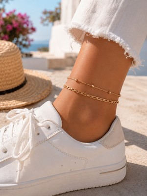 Adata Jewelry Çelik 2 Zincirli Küp Model Dorika Toplu Kadın Halhal Gold / Uzatma Zincirli