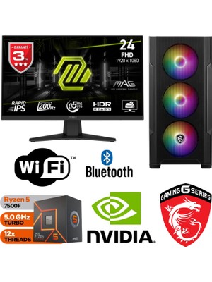MSI Şafak-Gaming Pc Amd Ryzen 5 7500F 16GB Ddr5 Ram Rtx 5050 8gb 1tb M.2 SSD 24" 200Hz Msı Monitör Win 11 Pro Wi-Fi Masaüstü Oyuncu Bilgisayarı