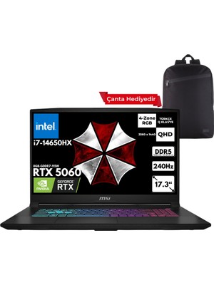 MSI Msı Katana 17 Hx I7-14650HX 64-Gbddr5 2 Tbssd RTX5060 (8GB-GDDR7-115W) 17.3" Qhd 240Hz Freedos + Sırt Çantası B14WFK-215XTRQB8