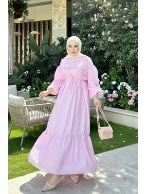 Stil Kuşağı Pembe Yaka Fırfırlı Bel Bağlamalı Elbise